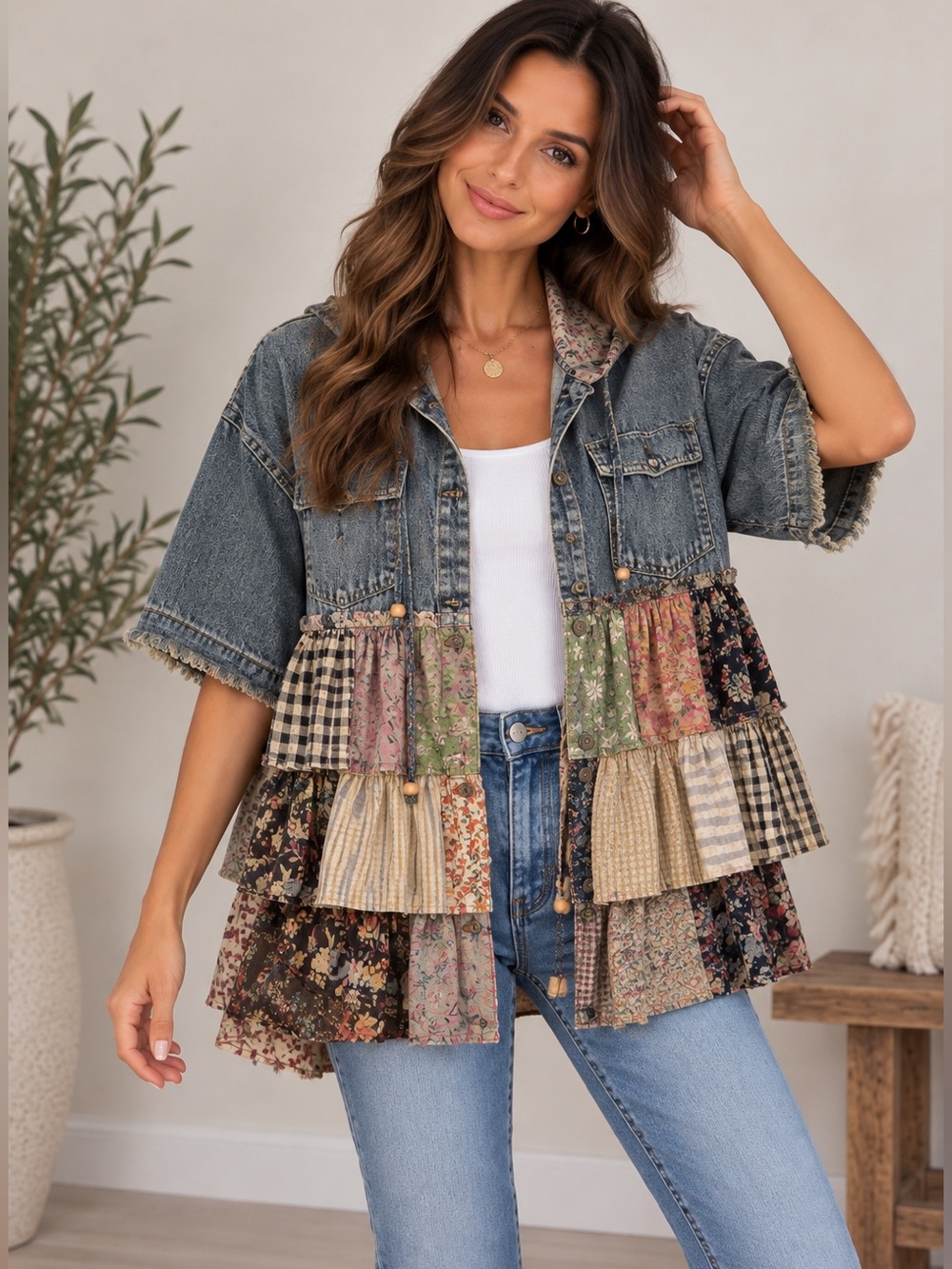 530. Women's Denim Boho Hooded Denim Ruffle Shirt
